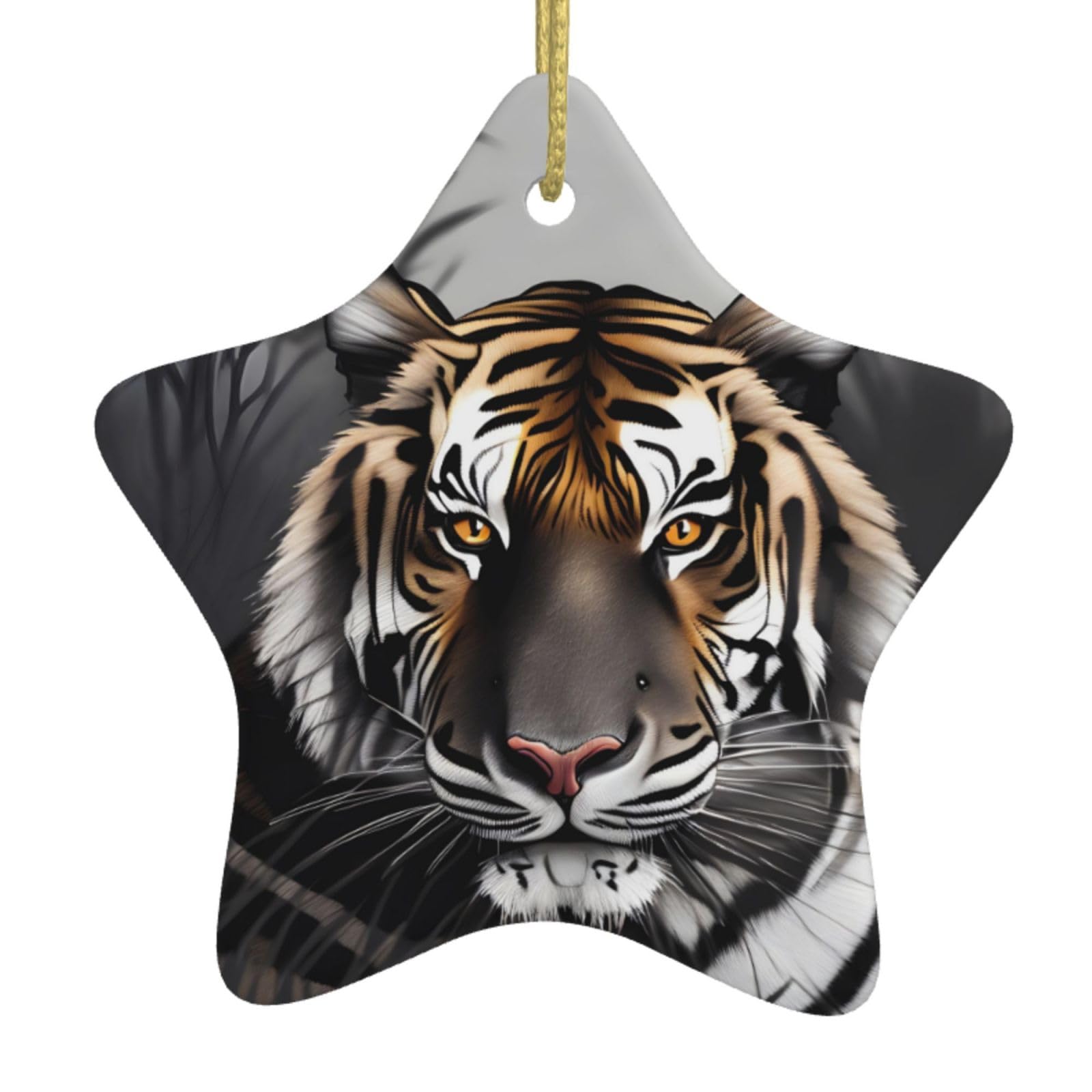 Tiger at Rest Christmas Ceramic Star Pendant with Punched Holes and Gold Wire Rope, Christmas Tree Home Decoration