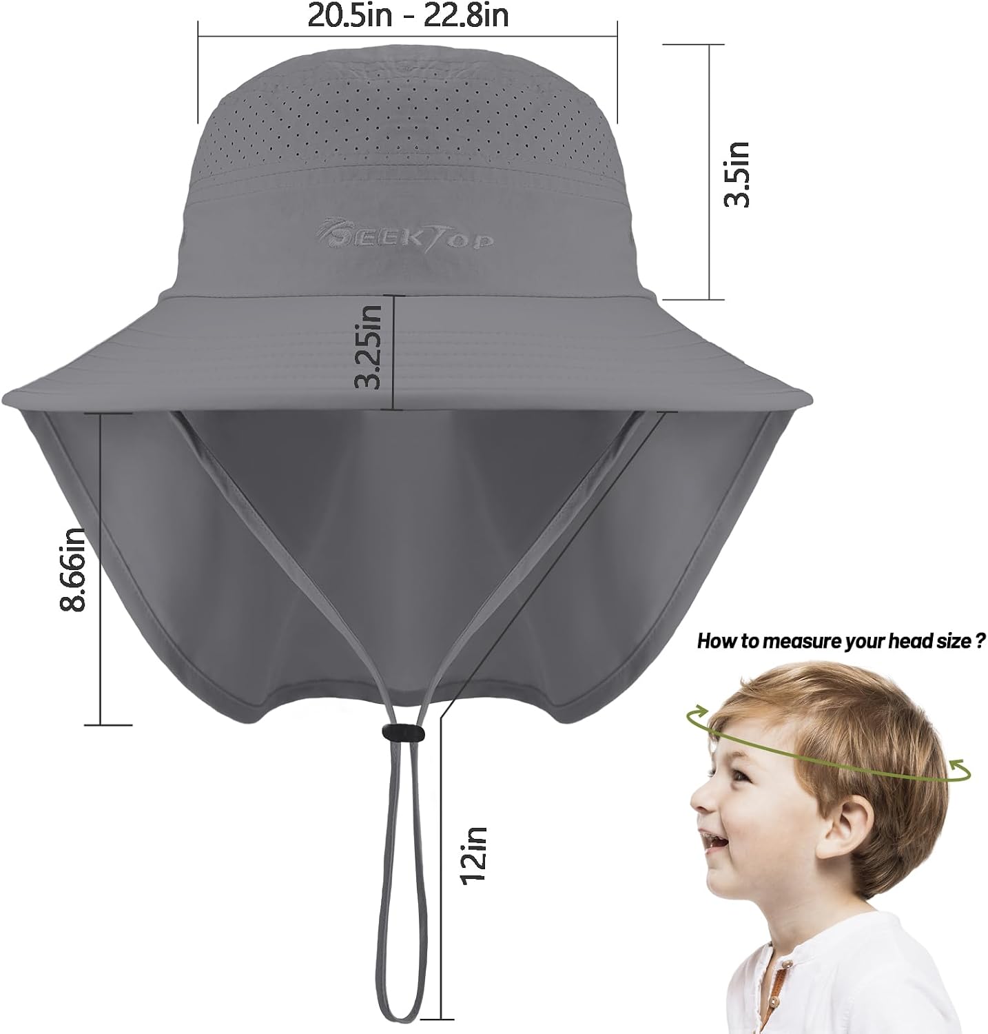 Kids Sun Hat Outdoor UPF 50+ Kids Hat for Boys Girls Bucket Hat with Wide Brim Neck Flap for Fishing Beach Safari Dark Grey