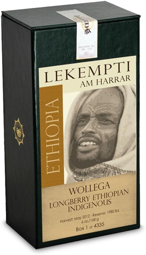Exotic Origins Coffee: 12 Boxes of 91 Point – Lekempti Am Harrar – Ethiopian Longberry Indigenous Varietal – Limited Reserve of 1,980 Pounds – Lekempti Micro Climate – Wollega State – Ethiopia – Save 30% Plus on Twelve Sequentially Numbered Boxes of 4,335 – Whole Bean – 6 Oz.