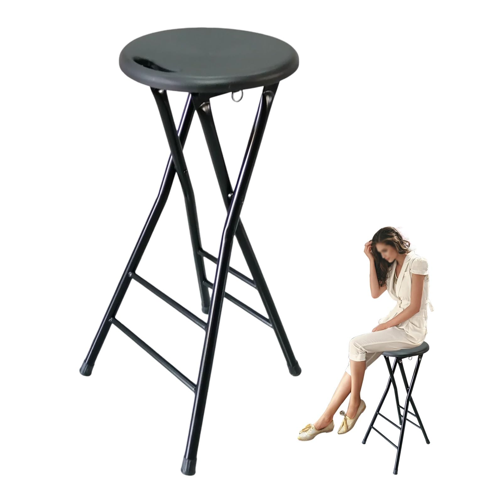 24in Folding Bar Stool with Handle, Plastic Cushion, 265lb Capacity, 28in Portable Backless Foldable Tall Chair for Kitchen(Black,70cm/28in)