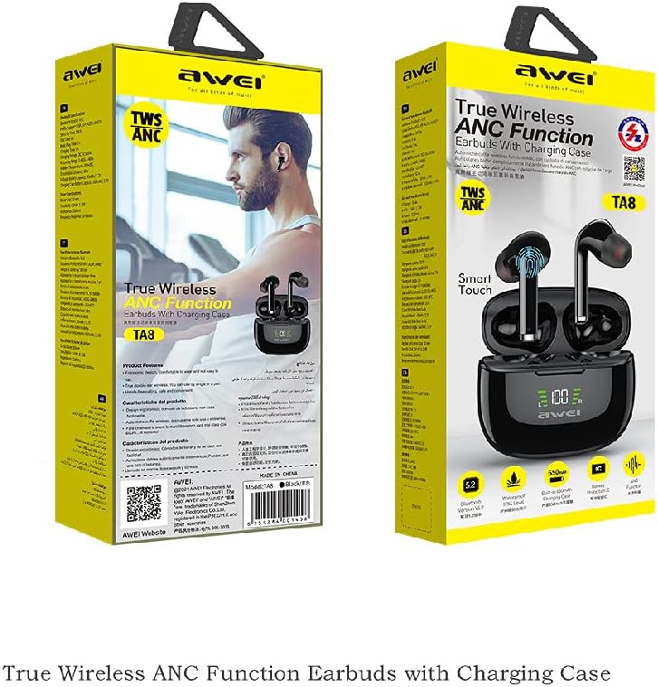 True Wireless Earbuds TWS Stereo HiFi Bluetooth Headphones - Charging Case Included ANC Active Noise Cancelling Headset with Deep Bass - for Sports and Work