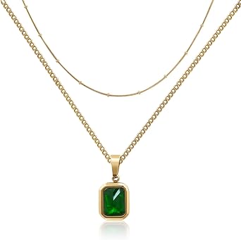 18K Gold Plated Layered Emerald Necklace - Green Gemstone Pendant, Handmade Jewellery for Women | Ideal Gift