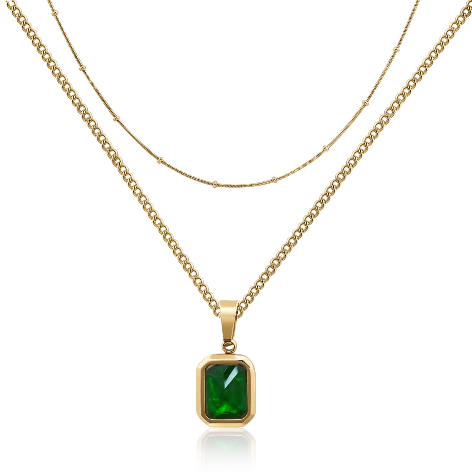 18K Gold Plated Layered Emerald Necklace - Green Gemstone Pendant, Handmade Jewellery for Women | Ideal Gift