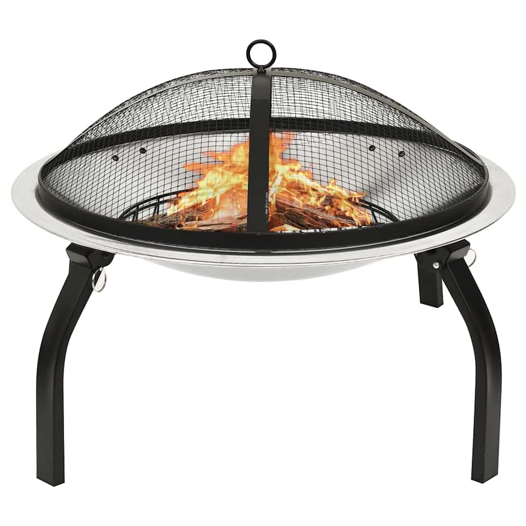Brasero y parrilla 2 en 1 de acero inoxidable, 56 x 56 x 49 cm, con protección contra chispas, atizador, patas plegables para exteriores, terraza y jardín, calor y llama