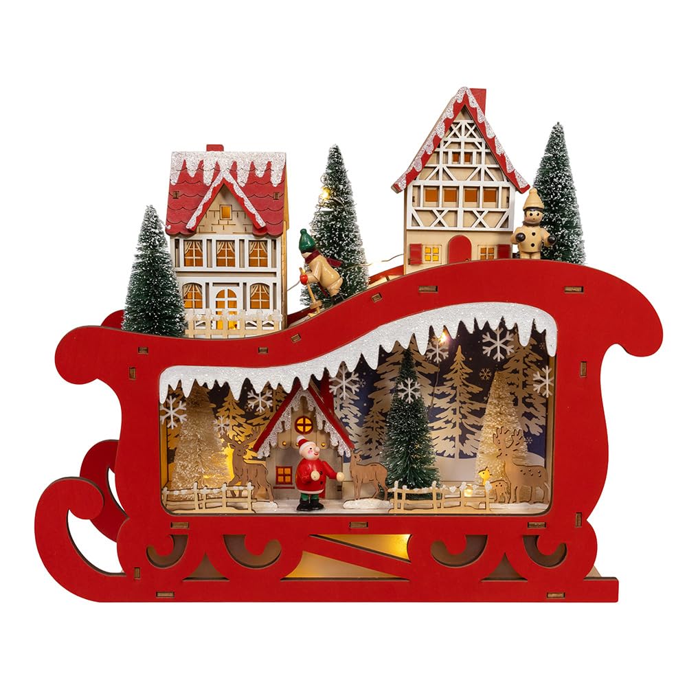 Traîneau lumineux LED à piles scène de village de Noël Kurt Adler 35cm