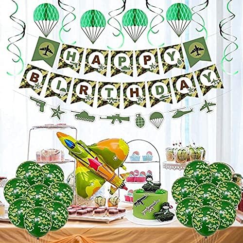 Camouflage Birthday Party Decorations Army Soldier Military Party Supplies Green Camo Balloons Happy Birthday Banner Hanging Swirls Cupcake Toppers for Boys Girls Adults Veteran