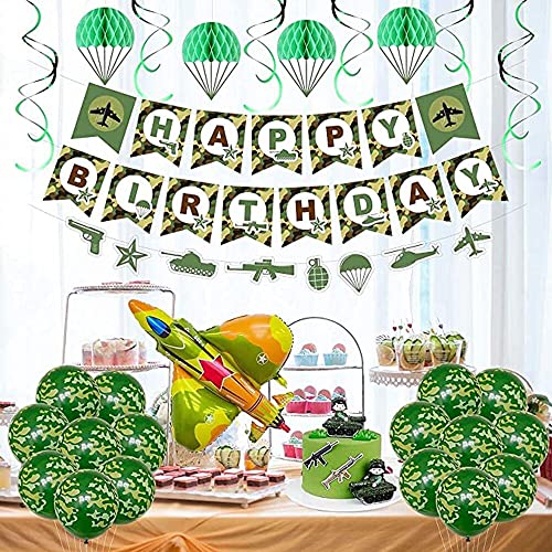 Camouflage Birthday Party Decorations Army Soldier Military Party Supplies Green Camo Balloons Happy Birthday Banner Hanging Swirls Cupcake Toppers For Boys Girls Adults Veteran #TOP3