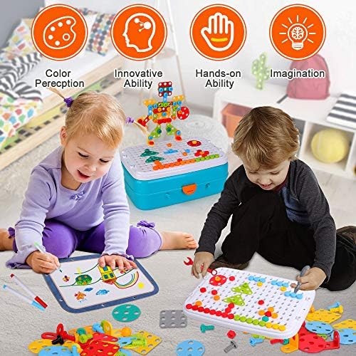 unanscre 350Pcs Creative Mosaic Drill Set with Drawing Board and 6 Car Cards for Kids, DIY Puzzle Construction Building Blocks, STEM Learning Take Apart Toys, Imaginative Gifts for Boys&Girls Age 3+ 2 618BJfkTnoL. AC