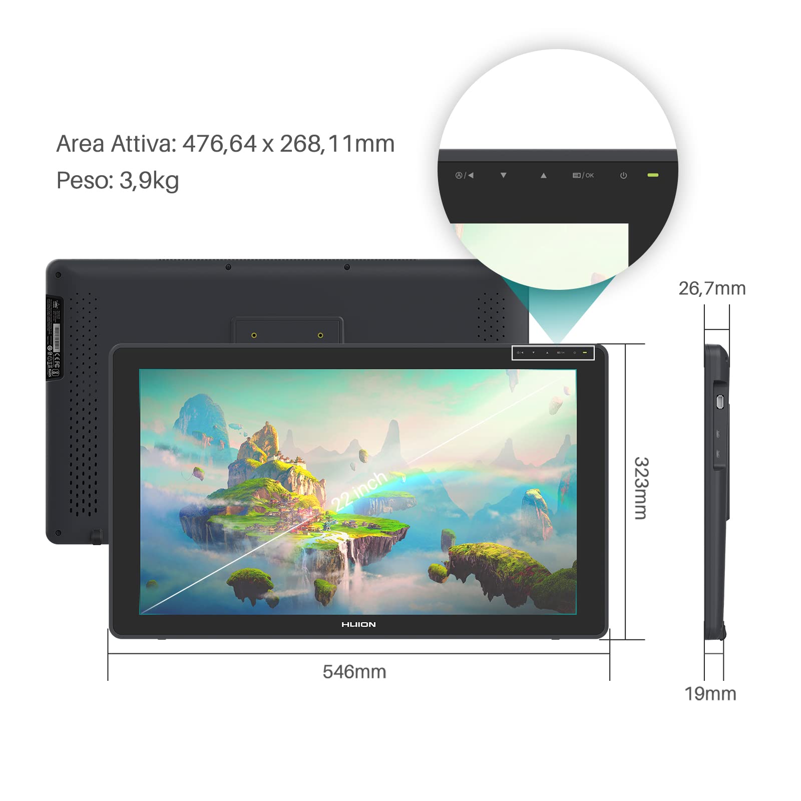 HUION Kamvas 22 Plus Tavoletta Grafica con Schermo in Vetro Antisfondamento Completamente Laminato 140% SRGB Ideale per il Lavoro a Distanza Supporto Regolabile - 21,5 Pollici