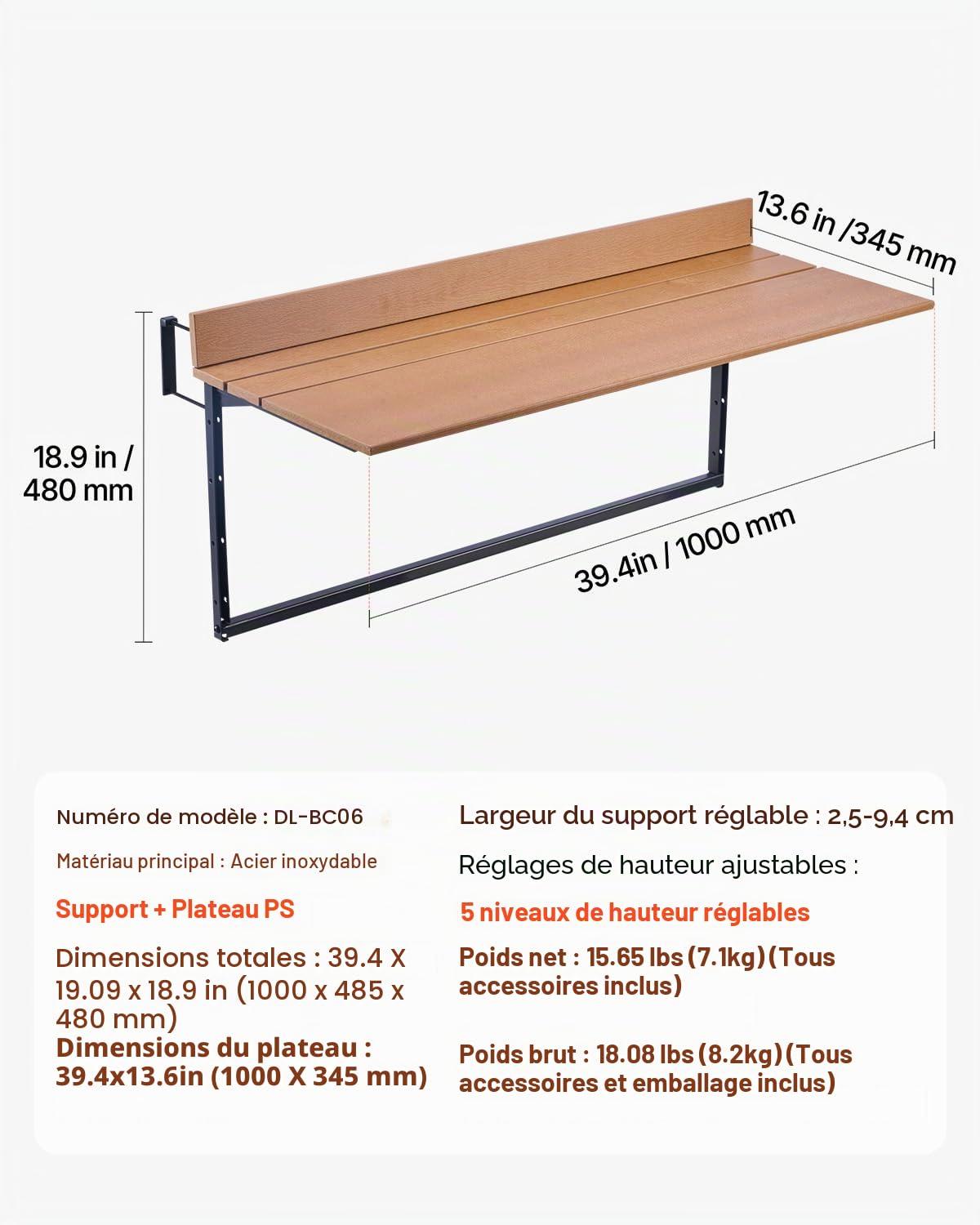 VEVOR Table Suspendue Balcon, 1000 x 485 x 480 mm, Table de Bar Pliante pour Balustrades de Balcon d'Extérieur, avec Plateau 1000 x 345 mm, Réglable sur 5 Niveaux, pour Garde-Corps de Patio Terrasse