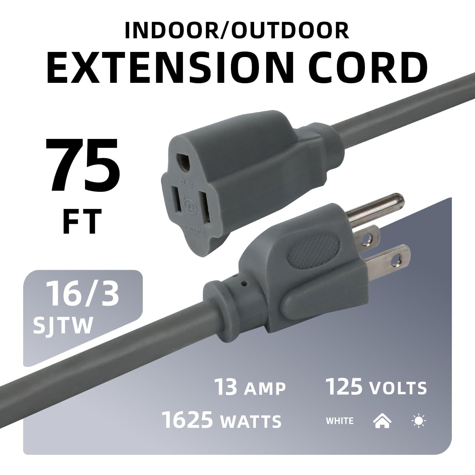 EP - Cable de extensión para exteriores de 75 pies, 16/3 SJTW, cable eléctrico gris con enchufe de 3 clavijas, listado UL