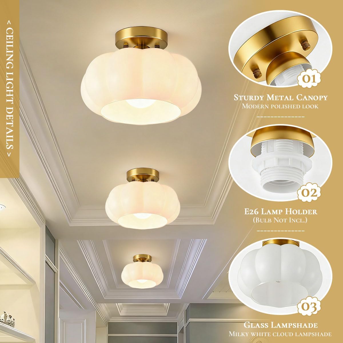 Glass Flush Mount Light 1-Light Gold Semi Flush Mount Ceiling Light Fixtures White Glass Ceiling Lamps, E26 Base for Hallway Bedroom Porch, Modern Ceiling Fixtures