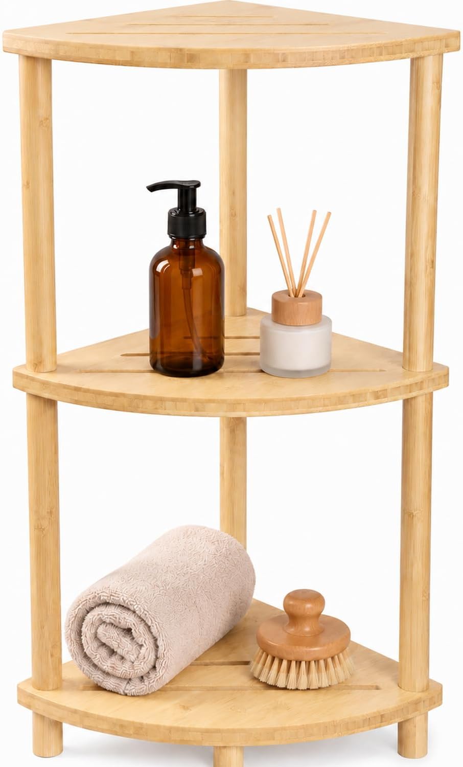 Vaelyss Bamboo Corner Shower Stool for Inside Shower 3-Tier, Standing Bathroom Organizer, Large Capacity Shower Storage, Space-Saving, Anti-Slip, Easy to Assemble for Bath, Living Room, Kitchen
