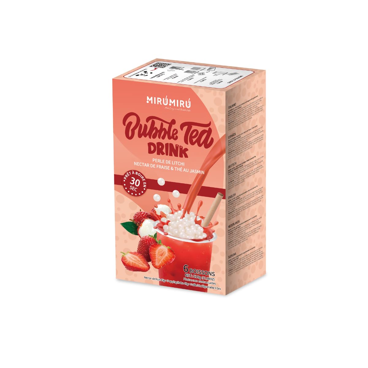MiruMiru - Bubble Tea Kits - Perle de Litchi & Nectar de Fraise & thé au jasmin (6 boissons, pailles incluses)