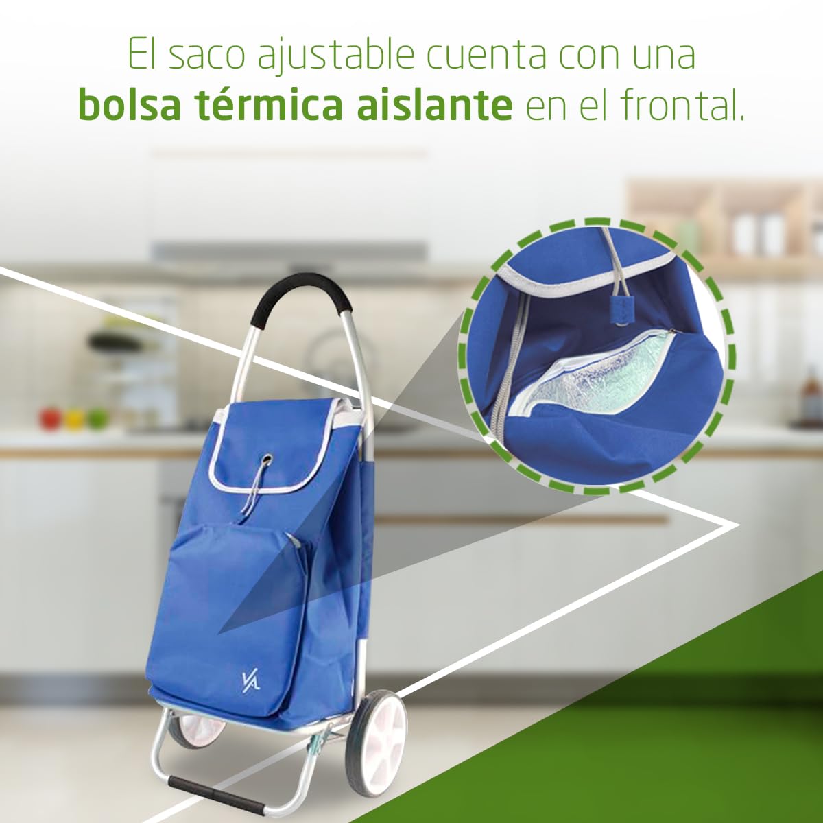 Amig - Carro de la Compra de 2 Ruedas - Bolsa Ajustable - Aluminio Ligero - Carga Máxima 15kg - Capacidad de 50 L - Medidas: 95 x 45,5 x 12 cm - Color: Azul