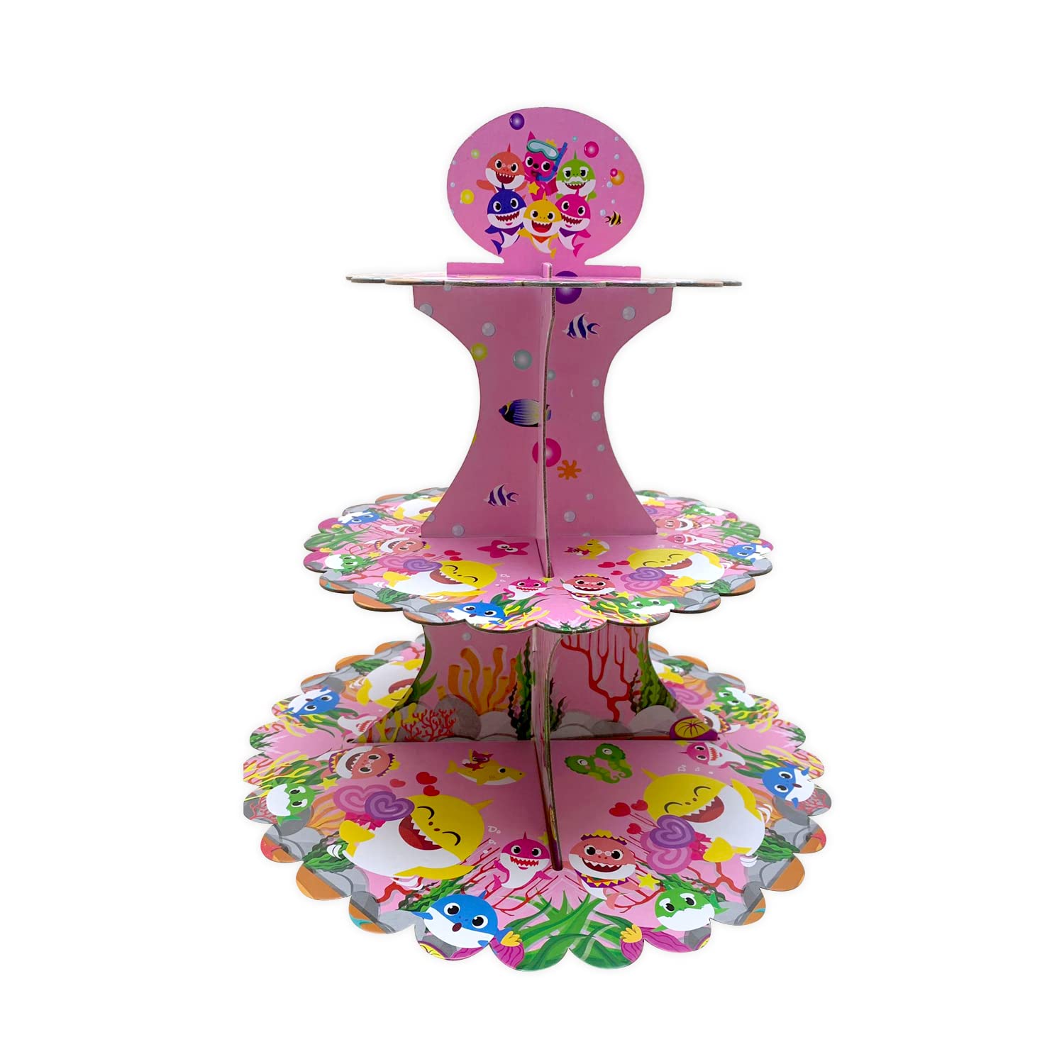 Aex Cardboard Cupcake Stand – 3 Tier Dessert Display For Muffins, Pastries, And Treats – Lightweight & Reusable, Baby Shark