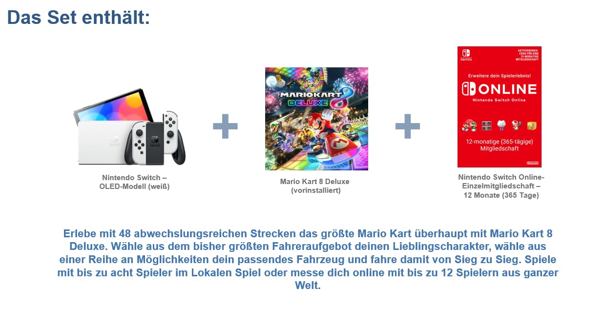 Nintendo Switch™ – OLED-Modell (weiß) + Mario Kart 8 Deluxe Switch Online – 12-monatige (365-tägige) Einzelmitgliedschaf