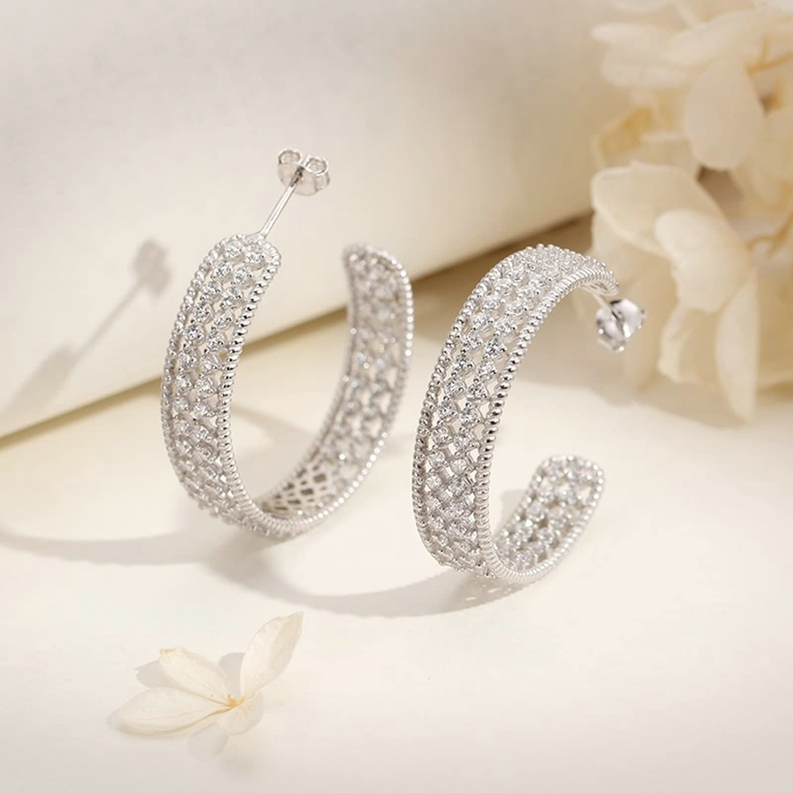 Mode Ohrringe Damen, Creolen 925 Sterling Silber Einfach Ohrringe Zirkonia Muttertag Geschenk