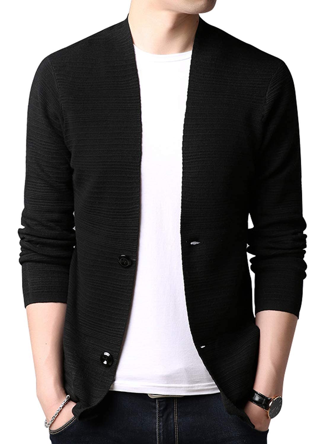 chroes Men's Casual Work Wear V-Neck 2 Button Knitted Cardigan Sweater |Black |L-picture-37