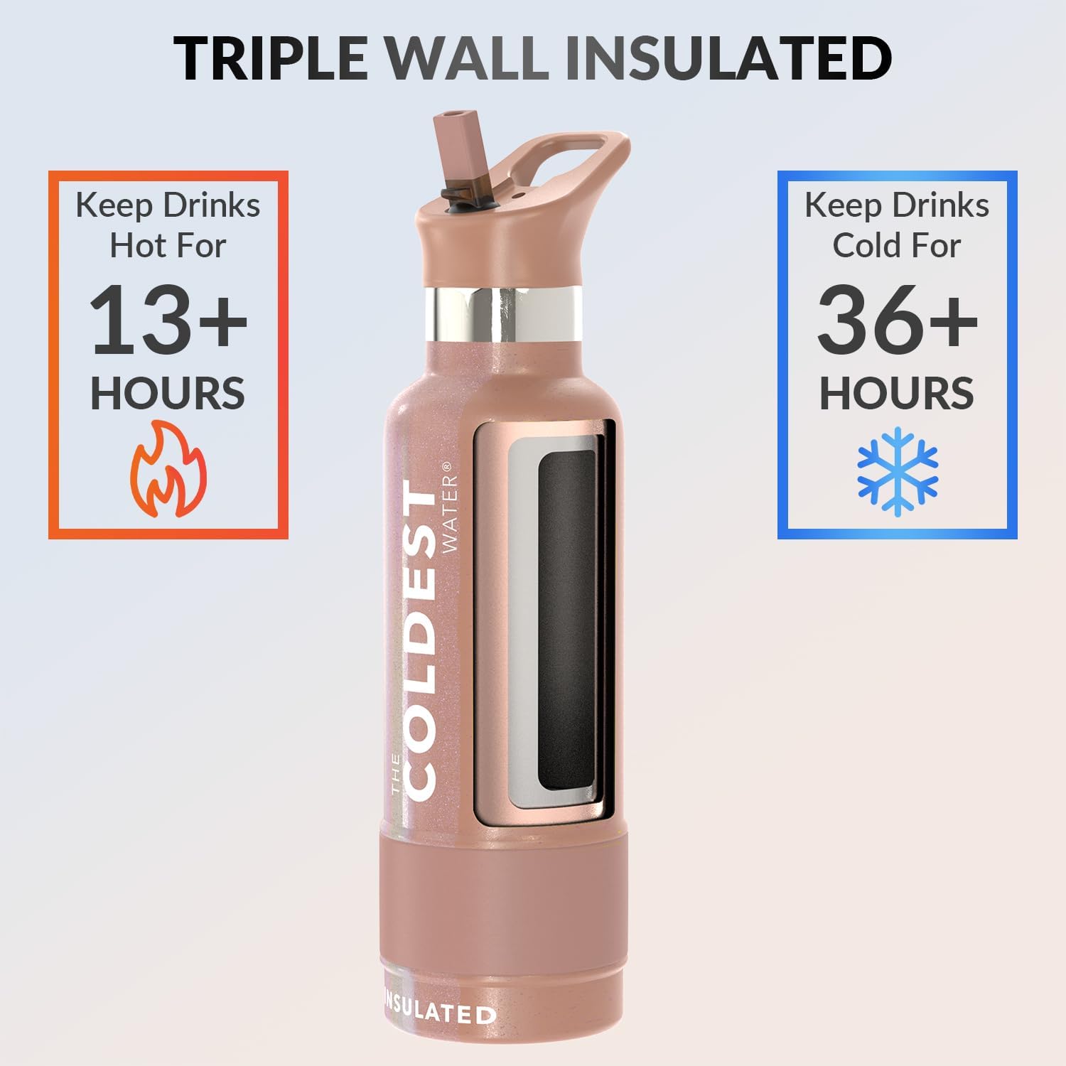 Coldest Insulated Water Bottle with Straw Lid - Stainless Steel Metal Insulated Bottle for Men & Women (Rose Gold Glitter, 21 oz) - Image 2