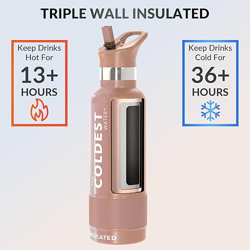 Miniatura 2 de Coldest - Botella para agua con tapa que incluye pajilla, térmica y metálica (acero inoxidable), para hombres y mujeres, color oro rosa brillante