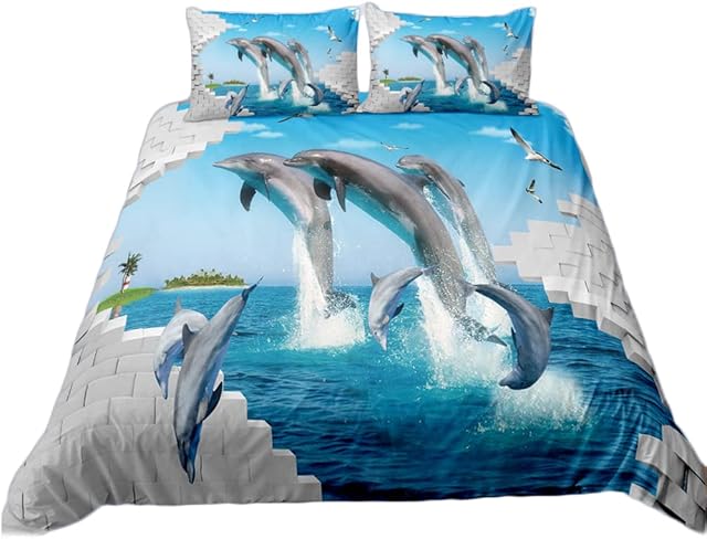 Meiju 2/3 Piece Bedding Duvet Cover Set for Single Double King Size,3D Jumping Dolphin Print Bedding Set Soft Microfibre Duvet Sets with Zipper Quilt Cover + Pillowcases (Brick,200x200cm)