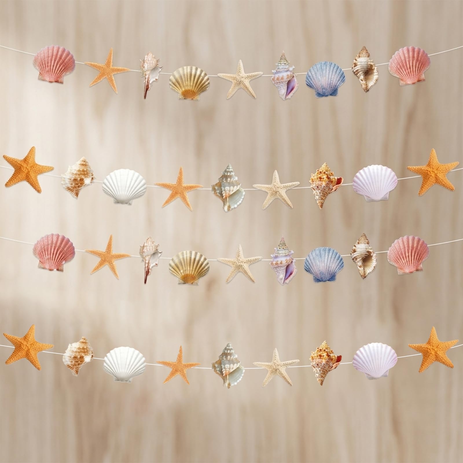 Beach Party Decorations Nautical Theme, 4-Pack Paper Hanging Banners with Starfish & Seashells for Summer Party Decor