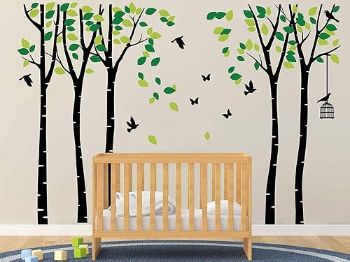 Calcomanías de pared de animales del bosque, cinco árboles genealógicos grandes, calcomanías de pared con pájaros, jaula y árbol de mariposas,