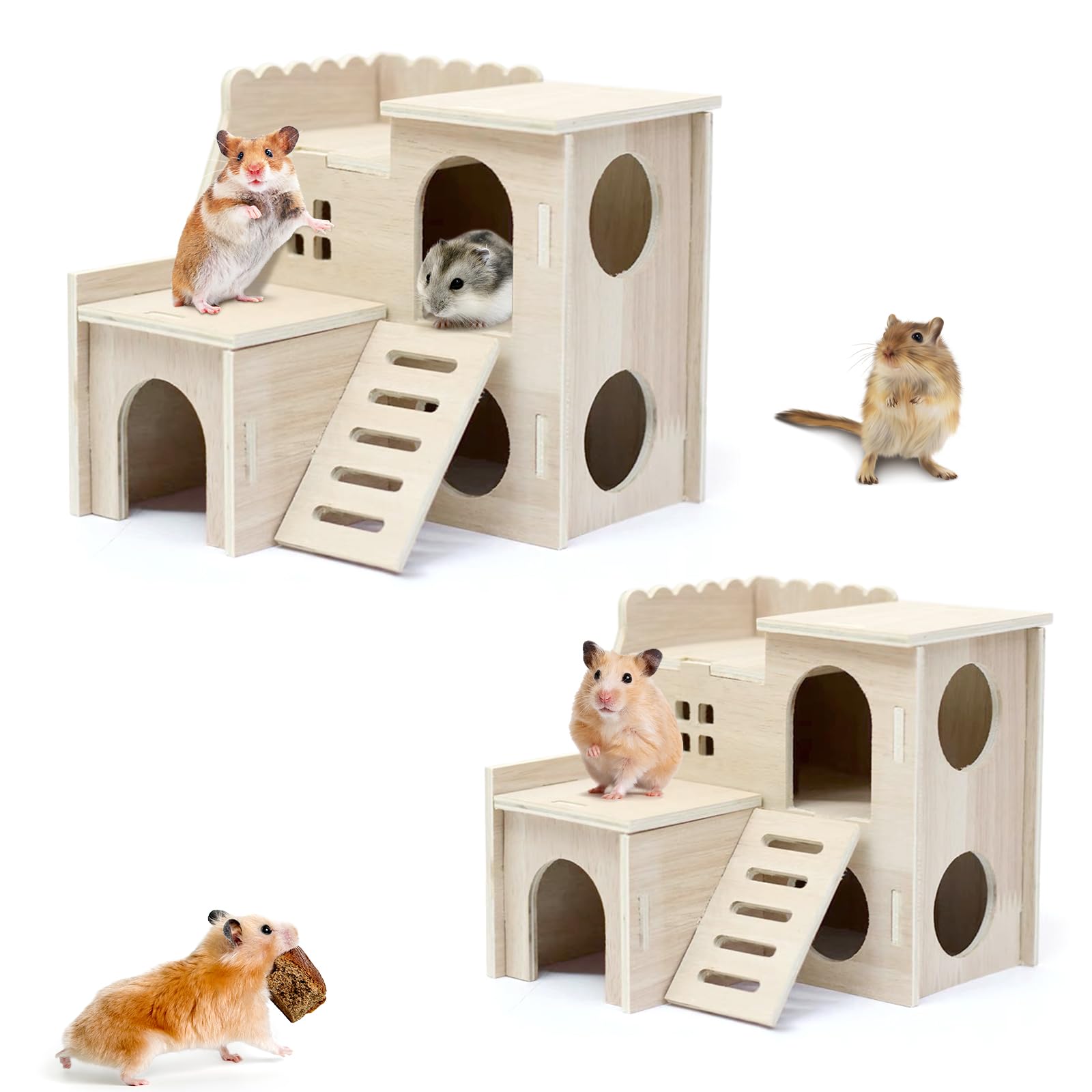 Small Hamster Wood House Fun Slide House,Double-Decker Hamsters Hide Out Villa with Climbing Ladder,Wooden Funny Play Toy for Small Animals Rat Mouse Hideouts Dwarf Gerbil Syrian Pet(L)