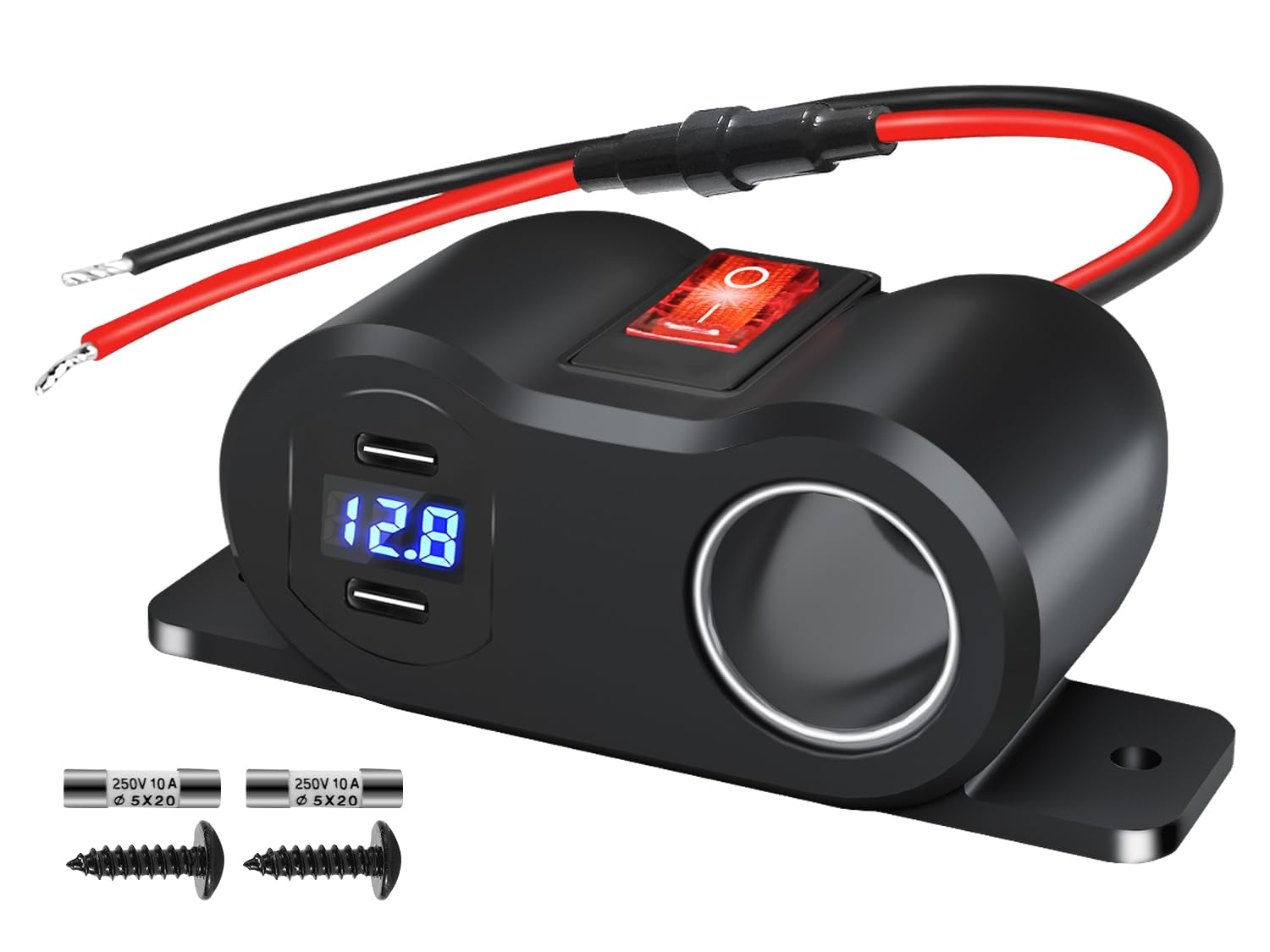 Photo 1 of 120W Dual PD3.0 Outlet Cigarette Lighter Socket Splitter with LED Voltmeter/Rocker, 12V Car Charger Power Adapter Replacement Plug Female for RV Marine Boat Motorcycle Truck ATV UTV Van (3*10A Fuse)