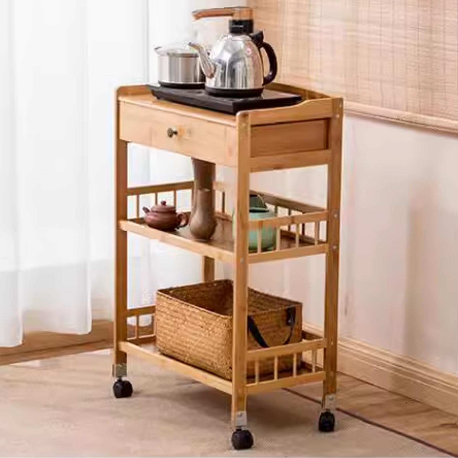Carro Cocina con Ruedas con Barandillas y Cajones, Bambú, Pulido Liso, Camarera con Ruedas, para Hogar, Restaurante, Sala de Estar(Brown)