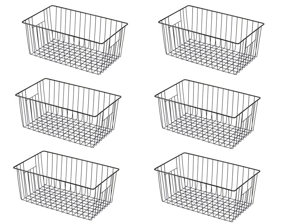 Y.Z.Bros 16inch Freezer Wire Storage Organizer Baskets, Household Refrigerator Bins with Built-in Handles, Black, 6PACK