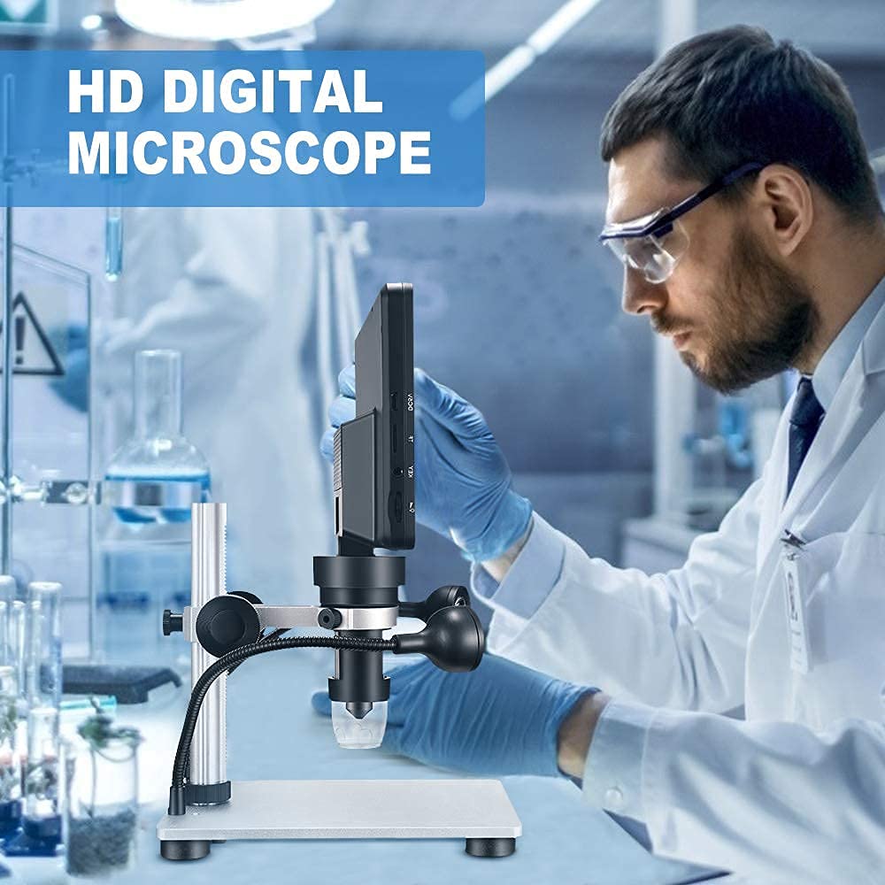 Microscopio Digitale, 7'' Schermo Hd 12mp 1200x Fotocamera 8 Led Microscopio Professionale a Luce Con Controller a Filo, Per La Riparazione Orologi Valutazione Di Gioielli Ricerca Scientifica