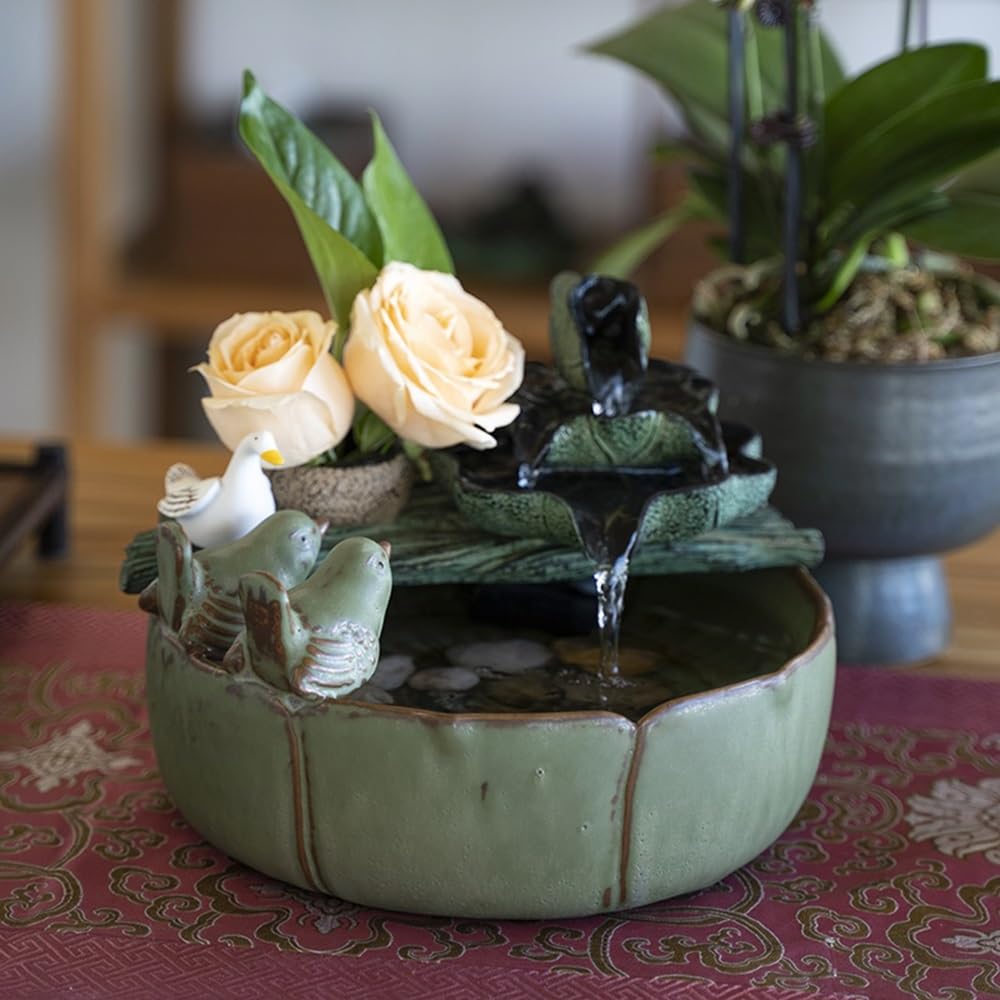 Relajación Fuente de Escritorio con Forma pájaro y Hoja Loto, pequeña Fuente Agua Corriente cerámica, decoración del hogar Serenidad(Medio)