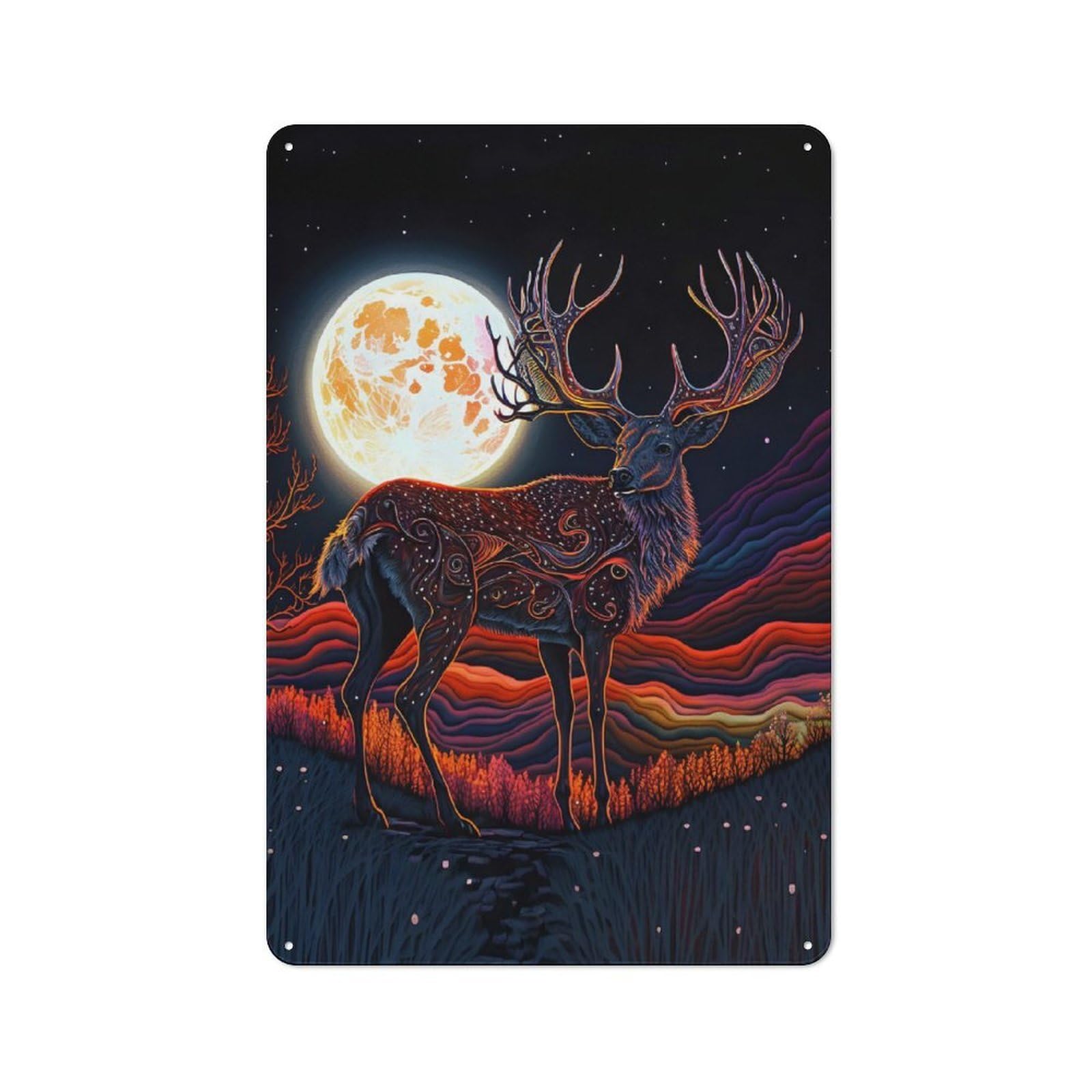 Junmoney Deer Moonligt Metal Sign 30X20cm With For Workshop Wall, Retro Decor, For Garage, Workshop And Man Cave Decoration