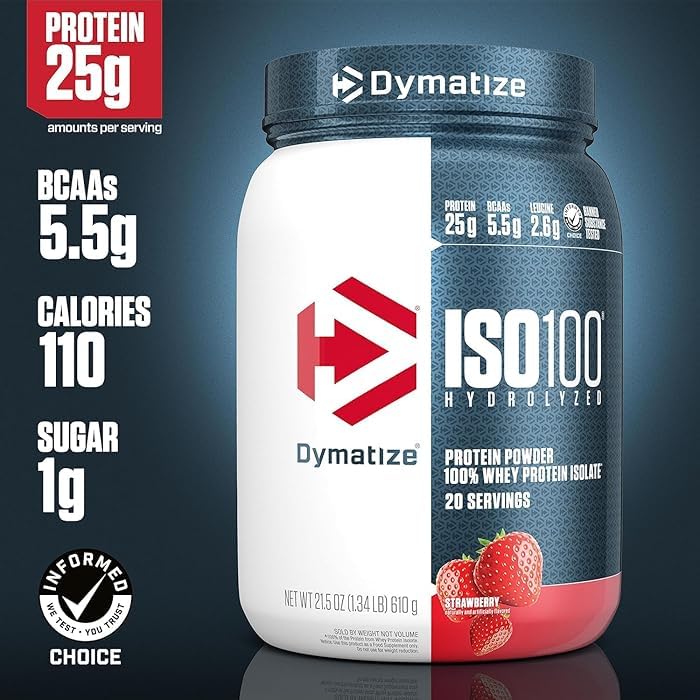 Image of Dymatize Nutrition ISO100 Whey Protein Powder Isolate, Strawberry, 25G of Protein, 20 Servings, 5.5G BCAAs, Less Than 120 Cal., Gluten Free, 1G Fat, 1G Sugar, 2G Carb