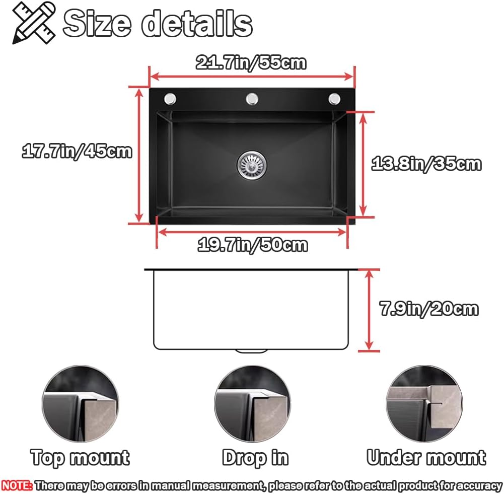 21.7 * 17.7in Drop In Kitchen Sink with 3 Holes,Black Topmount Stainless Steel Single Bowl Sinks With Drain basket & Soap dispenser