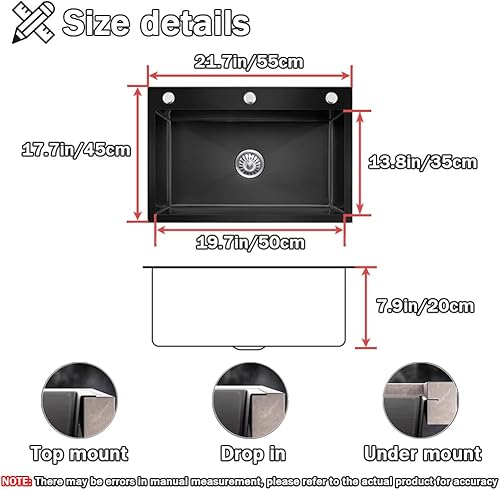 Miniatura 2 de Topmount - Fregadero de cocina con 3 agujeros, de acero inoxidable, con cesta de drenaje y dispensador de jabón (negro, 21.7 x 17.7 pulgadas)