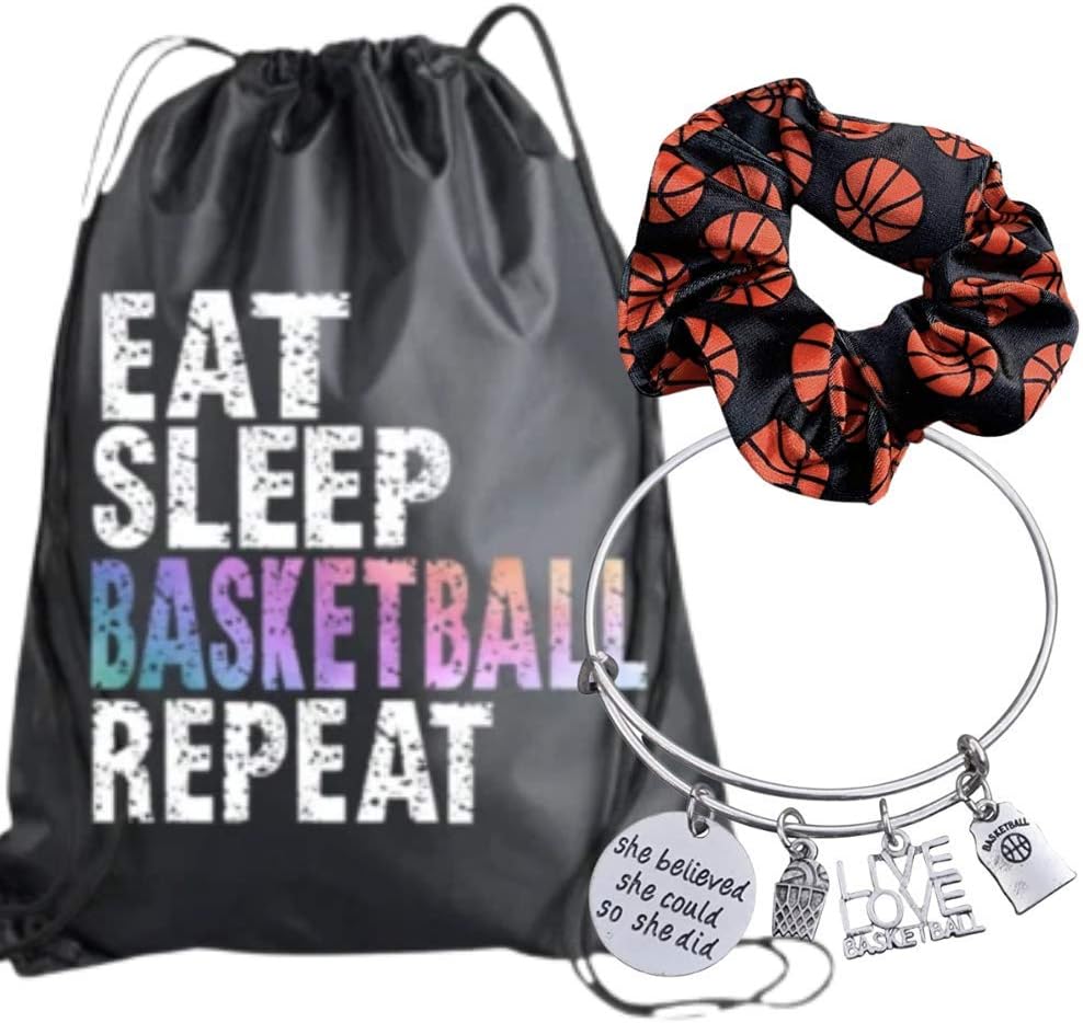 Basketball Gift Bundle, Basketball She Did Bracelet, Drawstring Bag and Scrunchie Gift Set, Girls Basketball Accessories, Premium Basketball Black Scrunchie For Basketball Players and Teams