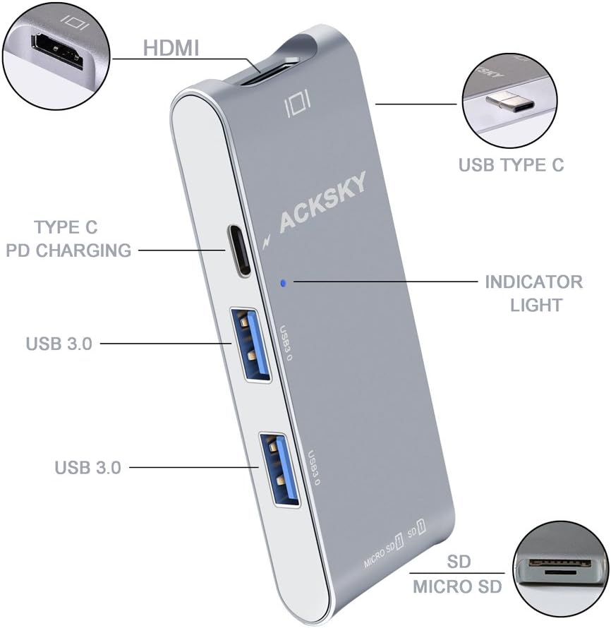 USB 3.1 Type C [6-in-1] Hub Multi-Port Adapter with C-Type Charging Port HDMI 4K Output SD/TF (Micro SD) Card Reader 2 USB 3.0 Ports for New MacBook Pro & All Type-C Laptops