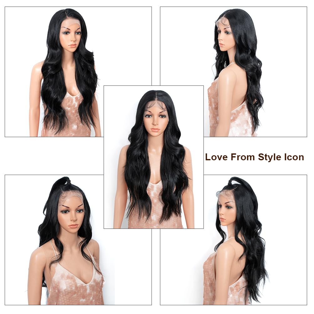 Style Icon 26” Big Curl Layered Synthetic Lace Front Wig 13x4 Large Lace Free Part Black Wig With Adjustable Cap Heat Resistant Fiber(26 Inches, 1B)