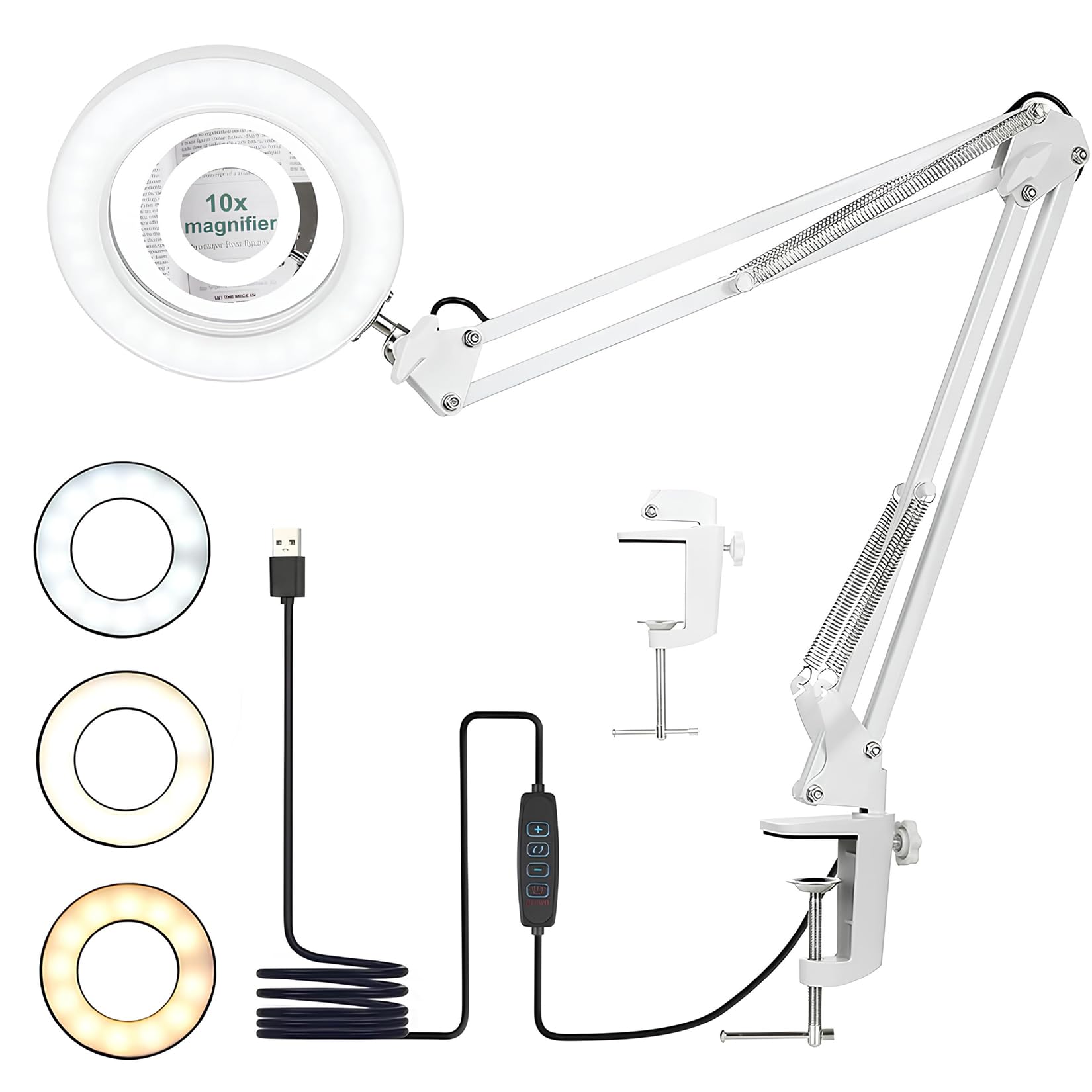 EHIOG Desk Lamp with Magnifying Glass 10X and LED, 72 LEDs, 3 Colour Temperatures, 10 Levels of Brightness, Adjustable Swivel Arm Lamp Ideal for Manicure, Reading and DIY - White