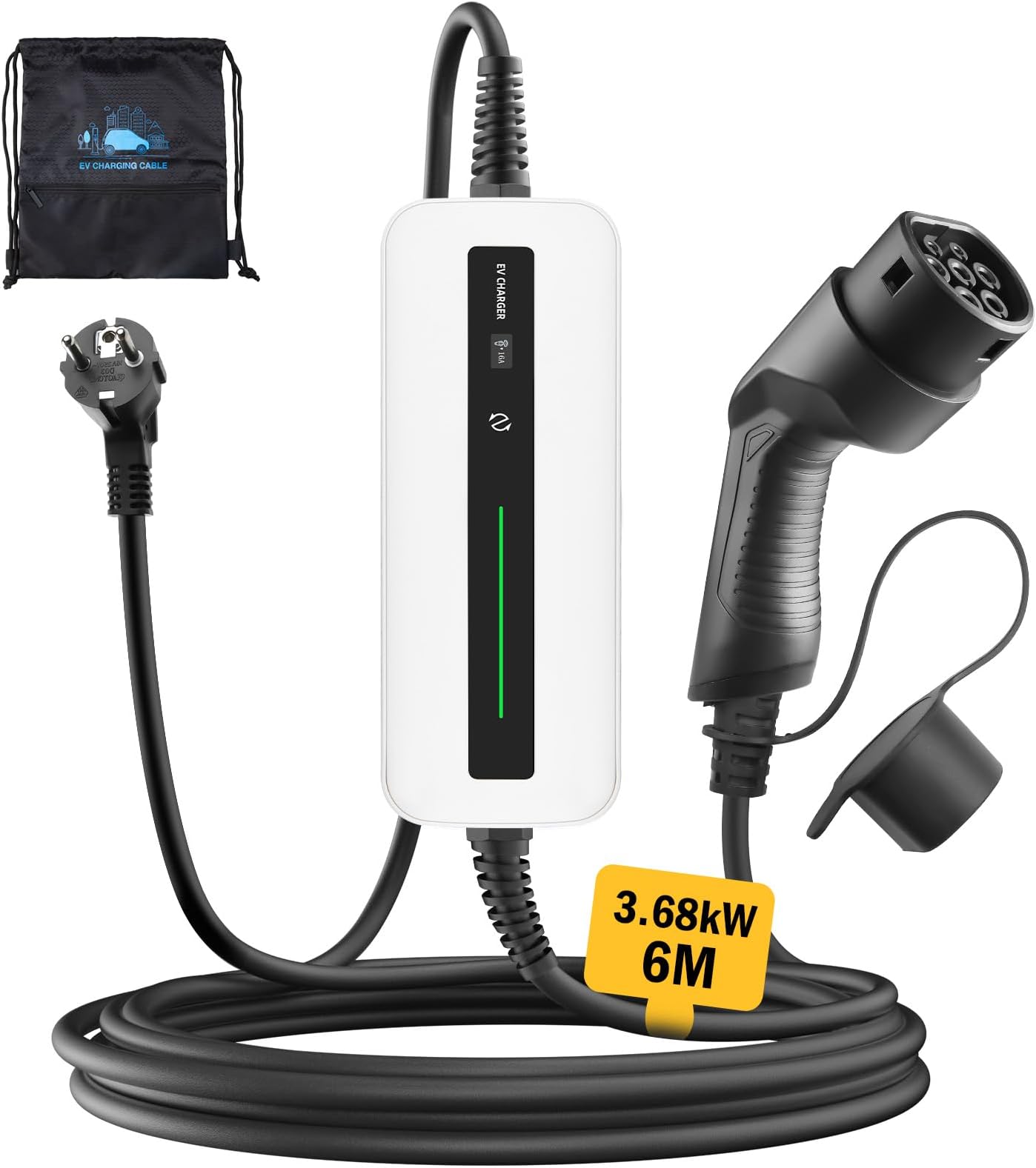 Chargeur Voiture Electrique 3.68KW,EV Chargeur Type 2, 6/8/10/13/16A Courant Commutable,Charge Temporisée,Cable Recharge Voiture Electrique Avec Sac,IEC 62196-2,IP67 étanche (6 Mètres