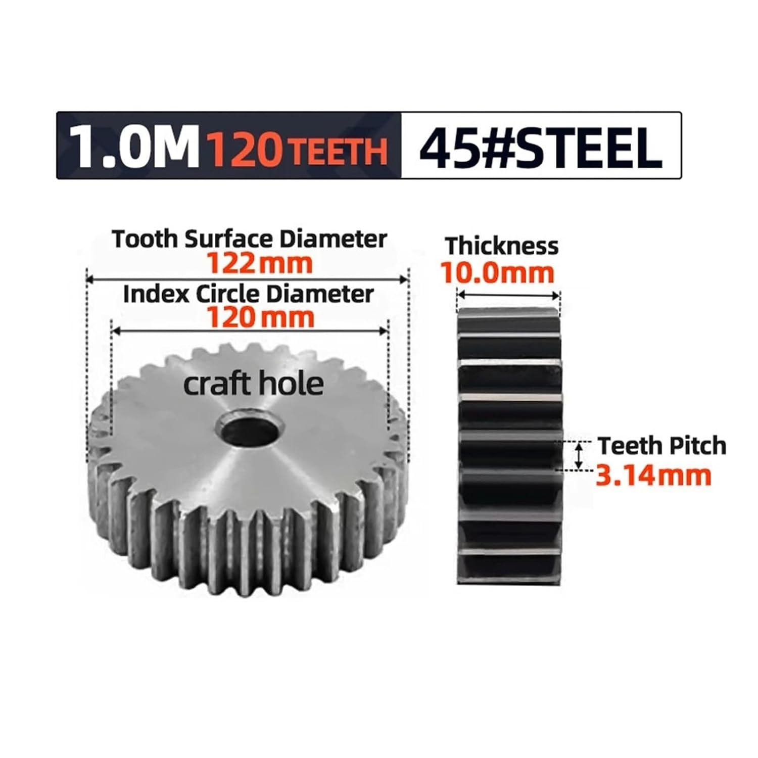Bevel Gear Pinion Hardware Mechanical 1M120Teeth Gear Rack Spur Precision Machinery Hole Diameter 10mm Industry 45 Steel