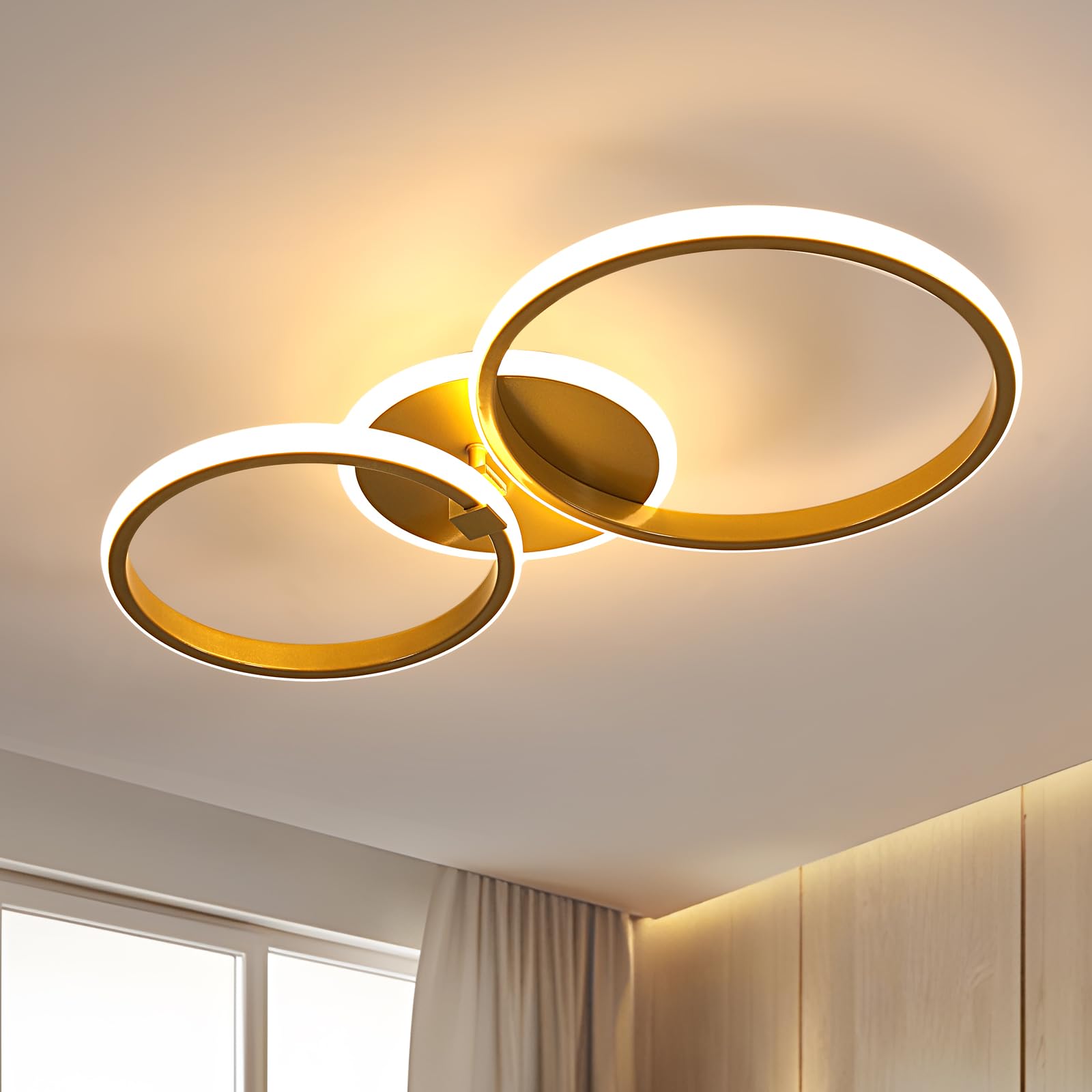 LED Deckenleuchte Gold Runden, 42W Schlafzimmer Deckenlampe Modern, Creative LED Lampe Deckenbeleuchtung für Wohnzimmer Schlafzimmer Küche, Warmweiß Licht 3000K