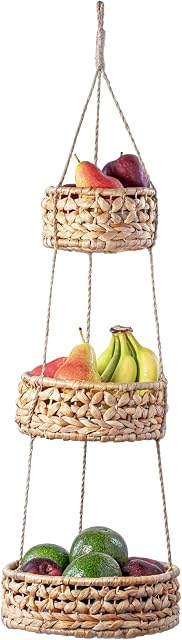Hanging Fruit Basket, Woven 3 Tier Baskets for Kitchen, Handmade Handwoven Rattan Produce Vegetable Kitchen Counter Space Saver Storage Round Organiser, Natural Wicker Seagrass Boho Home Decor Planter