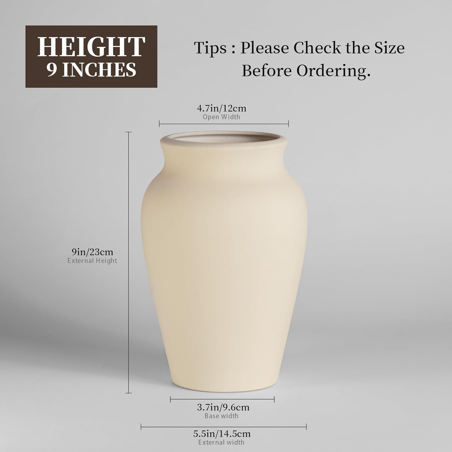 Beige Ceramic Vase Home Decor, 9 Inch Ceramic Wide Mouth Pottery Vase for Farmhouse, Vintage Terracotta Rustic Decor for Living Room, Entryway, Floor, Mantel Decoration - Image 2