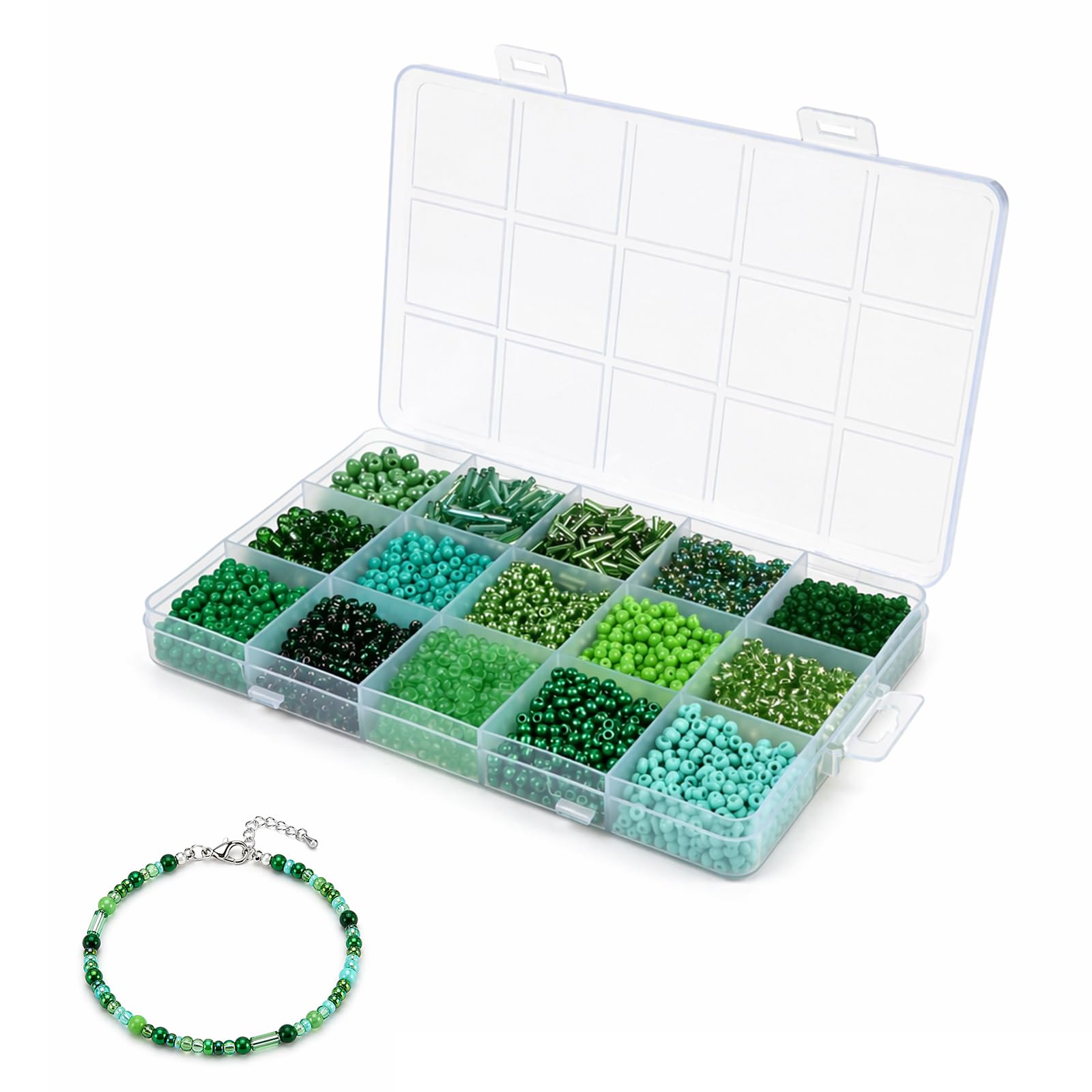 15 Colors Green Seed Beads Kit, Glass Tube Beads for Jewellery Making