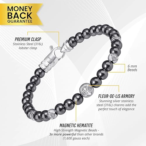 Miniatura 5 de MagnetRX Pulsera magnética de hematita, piedras magnéticas de máxima fuerza con dijes de acero inoxidable, elegantes pulseras magnéticas de cuentas