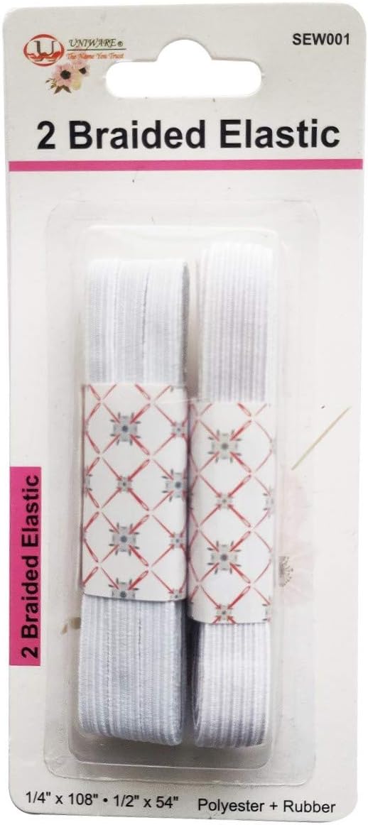 Uniware 2 Braided Elastic (2 ct, Polyester + Rubber, 1/4" x 108", 1/2" x 54") Black & White (White)